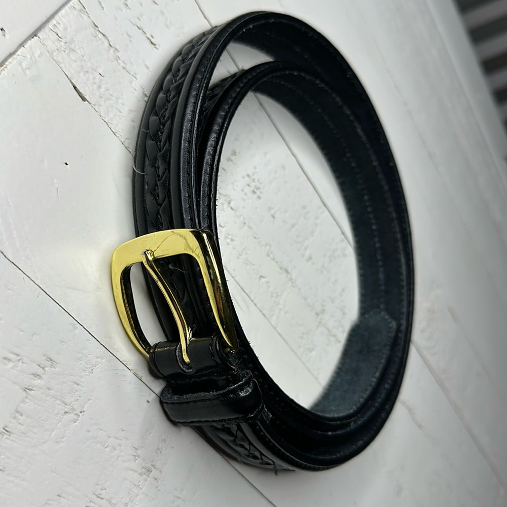 Black and gold, 50” buckle, genuine leather belt with braided pattern on…